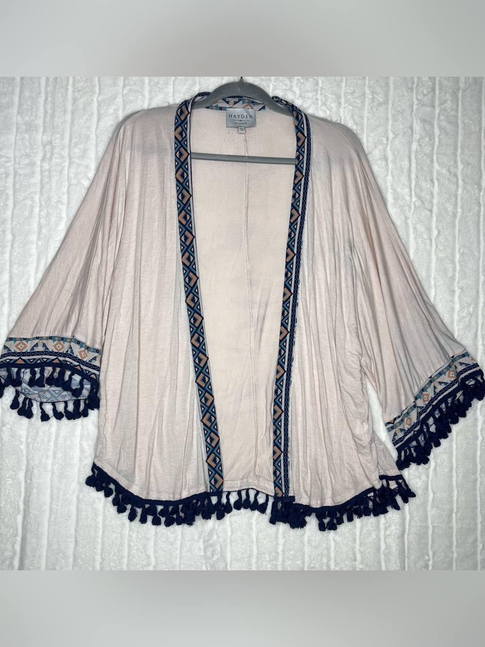 Hayden LA Boho Kimono Cardigan Peach Tassel Fringe Aztec Trim M/L